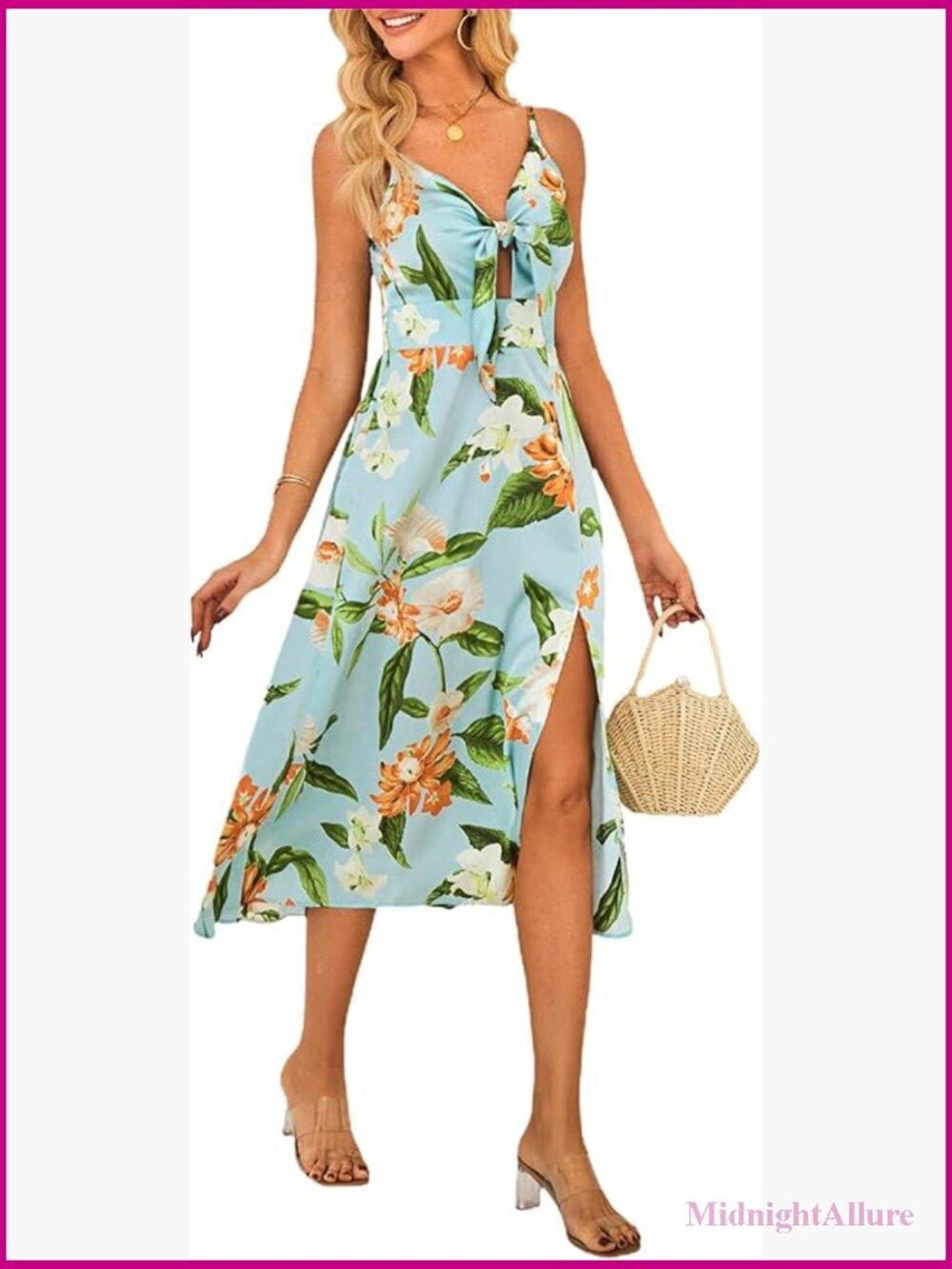 Spaghetti Strap Midi Satin Dress Tie Front Backless Slit Cutout Flowy